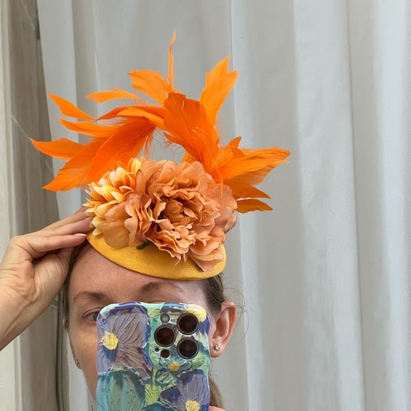 Derby, Tea Party, Wedding Guest fascinator, orange, yellow, feathers, flowers main image 7